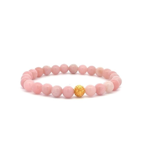 18K Gold Coin Ball Lucky Charm Bracelet Gemstones Natural Pink Opal 6mm - Picture 1 of 5